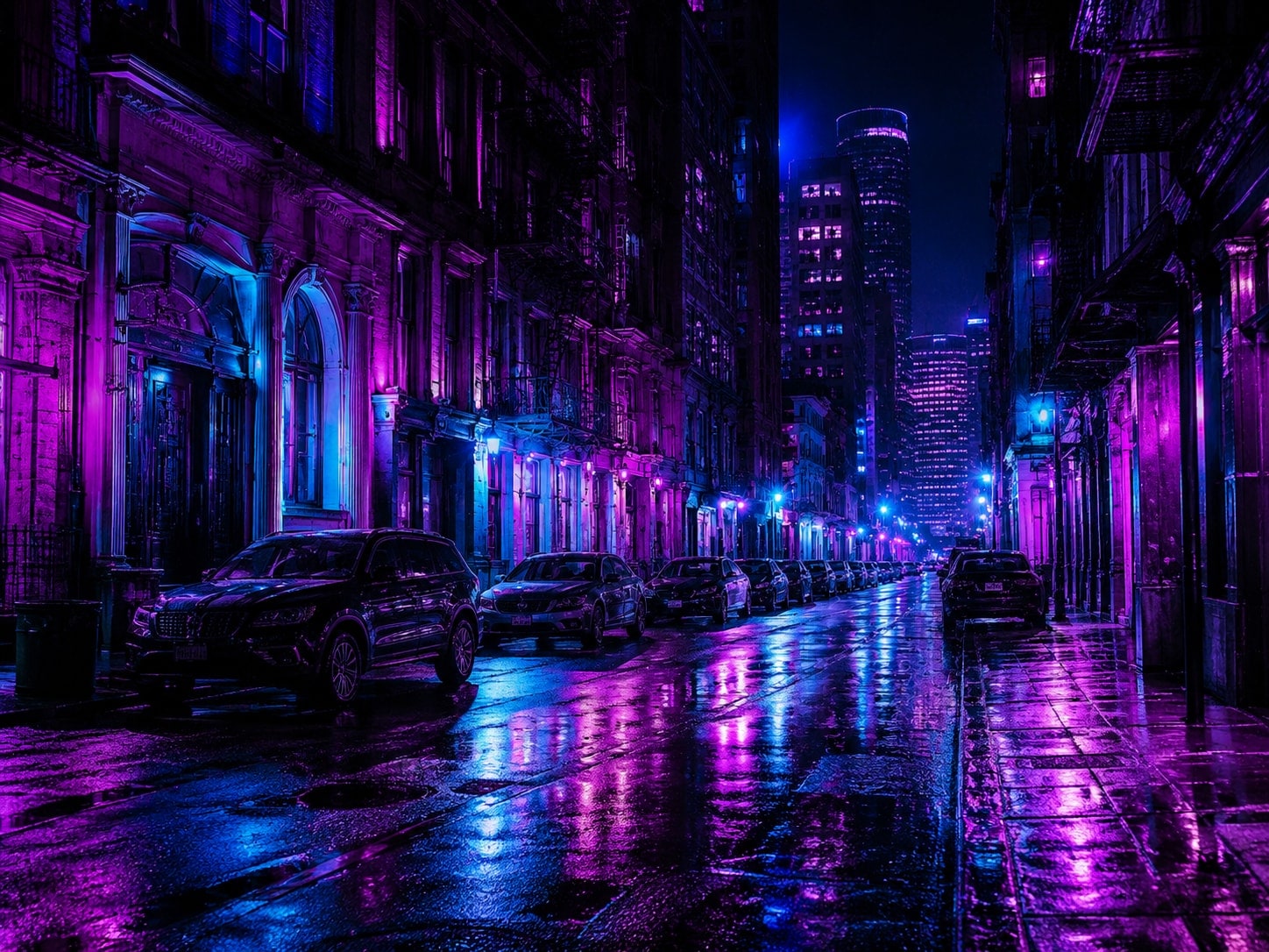 A rain-slicked city street at night, its stone facades and wet road transformed into electric violet, magenta and cyan light