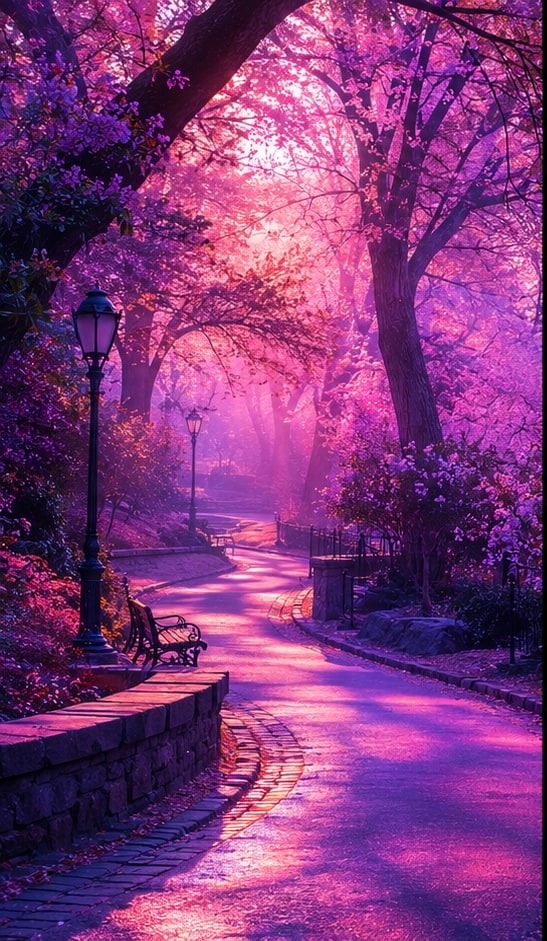 A tree-lined park path at dusk transformed into saturated violet and magenta tones