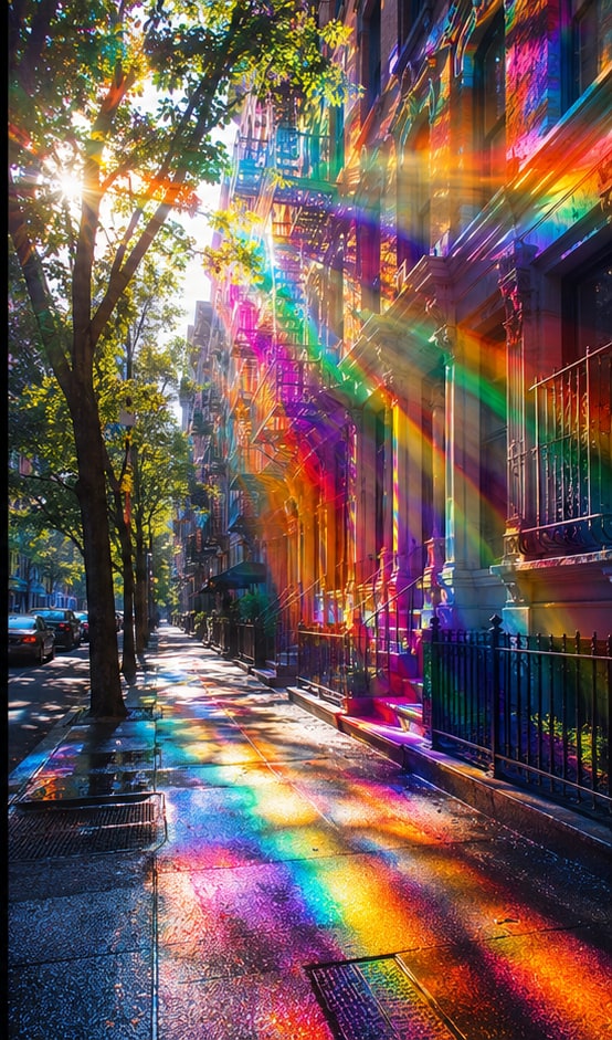 A sunlit street where light is refracted into vivid spectral colour across the pavement and buildings