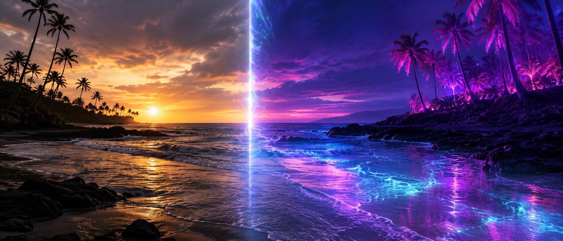 A palm-lined shoreline at sunset, one half in natural golden light and the other transformed into cyan, violet and magenta, split by a vertical line of light